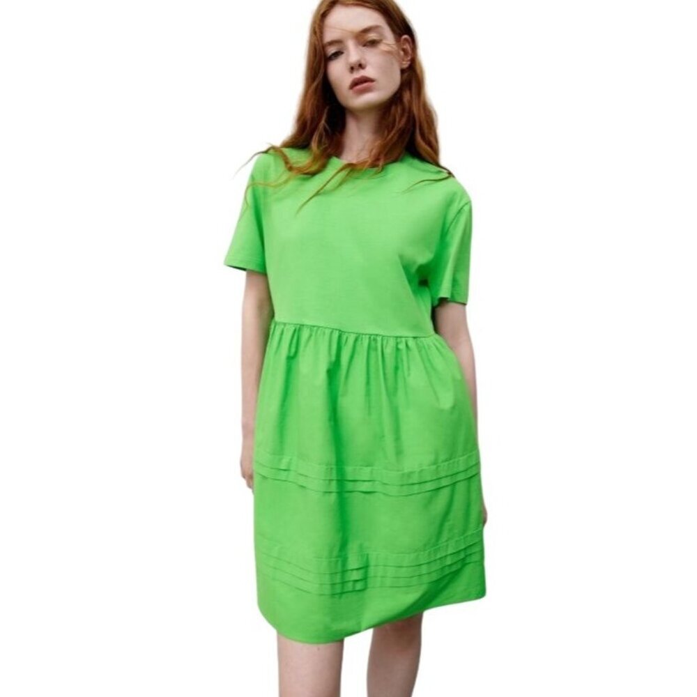 Zara Green Mini Dress Short Sleeve Tiered Babydoll Summer Casual Large‎